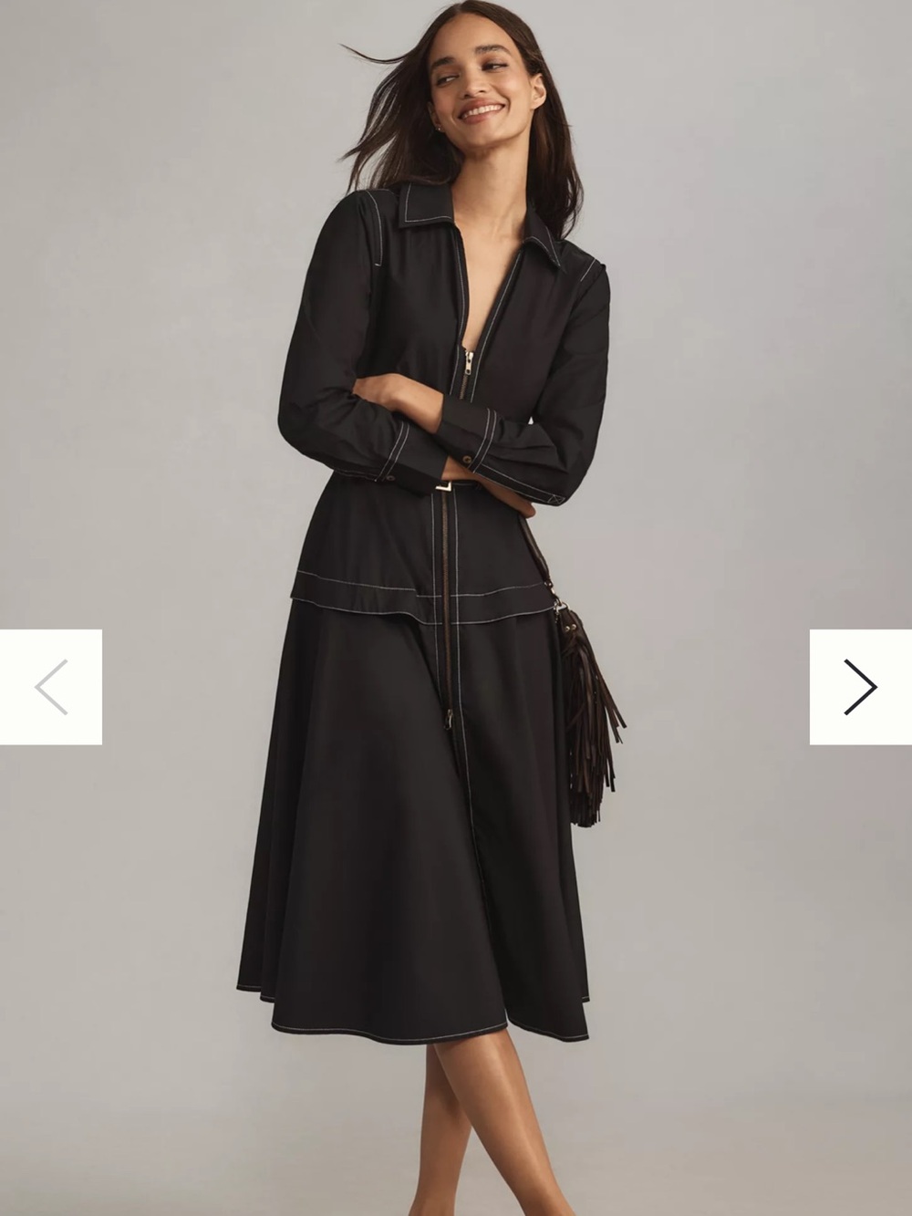 Anthropologie Long-Sleeve
Belted Front-Zip Midi Dress Black L